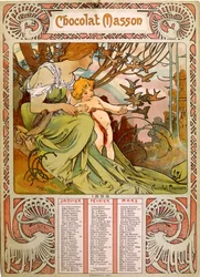 Kalendář Chocolate Masson ilustrovaný Muchou (1860 – 1939). český secesní malíř