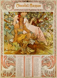 Kalendář Chocolate Masson ilustrovaný Muchou (1860 – 1939). český secesní malíř