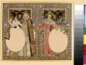Ilustrace knihy (pohádky nebo legend). Umělecké dílo Alfonse Marie Muchy (Alphonse Marie Mucha