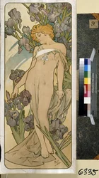Iris (součást řady květin). Umělecké dílo Alfonse Marie Muchy (Alphonse Marie Mucha