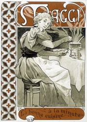 Mladá žena vařící na plynovém sporáku - reklama Maggi ""dobré jídlo na minutu"", od Muchy, kolem roku 1890.