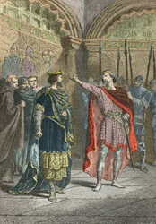 Adalbert comte de la marche vzdoruje Huguesi Capetovi, který tě učinil králem (rytina)
