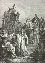 Karel Veliký v roce 804 nařizuje Sasům křesťanský křest (rytina)