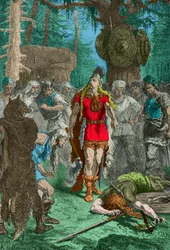 Clovis před bojovníkem, kterého právě zabil po urážce na váze v Soissons (rytina)