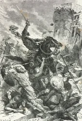 Hrabě Eudes brání Paříž před vpádem Vikingů v roce 885 (rytina)