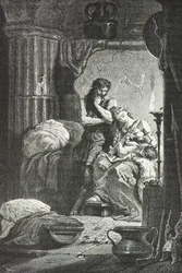 Eponina de Langres kojí v jeskyni dítě Julia Sabina (Rytina)