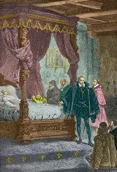 Gaspard de Coligny před smrtelnou postelí Františka 2 v roce 1560 (rytina)
