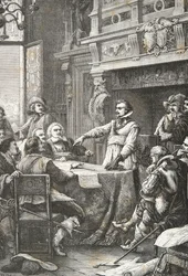 Jean Guiton přísahá, že bude bránit La Rochelle během obléhání v roce 1628 (rytina)