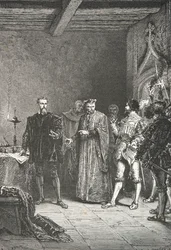 Jean de La Barre informuje Louise de Berquina o svém propuštění z conciergerie (Rytina)