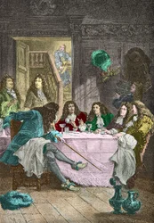 Jean de La Fontaine, Nicolas Boileau Despreaux, Moliere a Racine večeří v kabaretu (rytina)