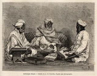 Les mullahs de la mosque de Bhopal, v plné diskusi o sporných bodech muslimského náboženství, rytina podle kresby A. de Neuville, ilustrující cestu Rajahů v Indii, v letech 1864-1868, Louis Rousselet, publikovaná v ““ Le to