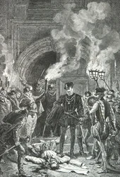 Masakr v Saint Barthelemy, vévoda de Guise tlačí nohou na mrtvolu Gasparda de Coligny (rytina)