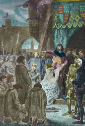 Filippa de Hainaut prosí anglického krále Eduarda 3, aby ušetřil měšťany z Calais v roce 1347 (rytina)