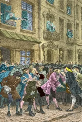 Rue Quincampoix, kde se scházejí spekulanti, kolem roku 1720 (Rytina)