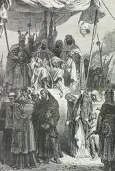 Saladin sleduje odchod křesťanů z Jeruzaléma v roce 1187 (rytina)