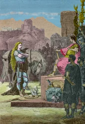 Vercingetorix se vzdává Juliovi Caesarovi po porážce u Alesie v roce 52 př. n. l. (Rytina)