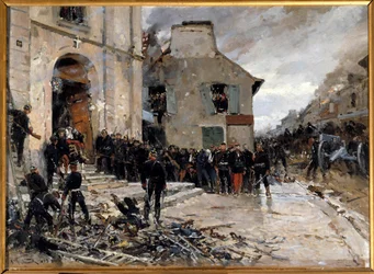 Válka 1870-1871 a obléhání Paříže Prusy: „“Le combat du Bourget, 30/10/1870““ Obraz Alphonse de Neuville (1835-1885) 1873 Ne. 0,57x0,79 m. Paříž, Musee d