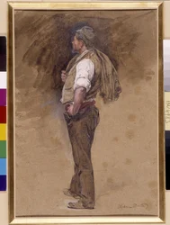 Farmář má bundu na hlavě. Obraz od Alphonse Moutteho (1840-1913), povinná zmínka: Založení sbírky v Provence, Marseille (rozměr v cm 27x18)
