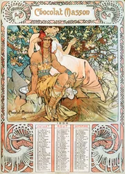 Stránka kalendáře pro dospělé z roku 1898 ozdoba reklamní ilustrace Alphonse Muchy (1860-1939) k čokoládám Masson - ""Střední věk"" Reklamní ilustrace Alphonse Muchy pro