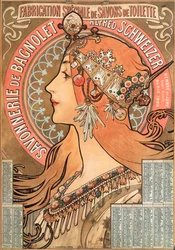 Kalendářní list roku 1898 zdobený reklamní ilustrací Alfonse Muchy (1860-1939) pro mýdlárnu Savonnerie de Bagnolet Alfred Schweizer