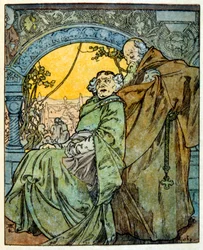 Ilustrace Alphonse Muchy z "Clia" díla francouzského autora Anatole France. 1900. Mucha (1860 – 1939). byl český secesní malíř