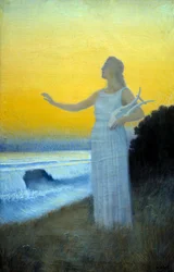 Hymnus moři. Mladá žena držící lyru čelem k moři. Postava připomínající starořeckou básnířku Sapfó. Obraz Alphonse Osberta (1857-1939), 1900, soukromá sbírka