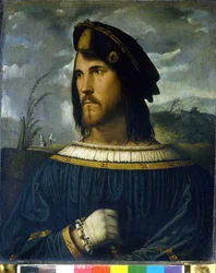 Cesare Borgia (1475 až 1507). obraz Altobello Melone 16. stol. Akademie Carrara. Bergamo