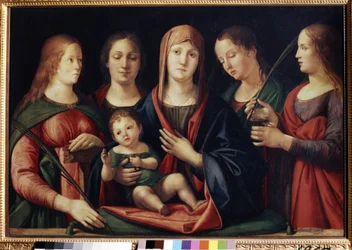 Panna s dítětem s Marií Madeleine Sainte Catherine a dvěma světci (Madona a dítě s Marií Magdalénou, svatá Kateřina a dva světci). Obraz od Alvise Vivariniho (cca 1446-cca 1505). Olej na plátně, 89 x 129 cm
