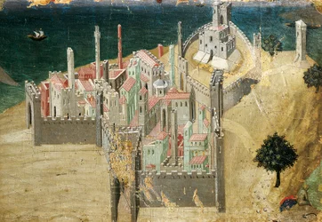 Město u moře, od Ambrogia Lorenzettiho (1290-ca. 1348), tempera a zlato na dřevě, 22.5x33.5 cm