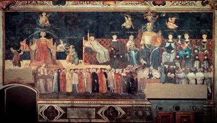 Účinky dobré a špatné vlády na město a venkov (Allegoria del buon e del cattivo governo): detail představující dobrou vládu (alegorie Míru, Velkodušnosti, Prozíravosti, Umírněnosti, Spravedlnosti). Freska Ambrogia Lorenzettiho (1290-1348).