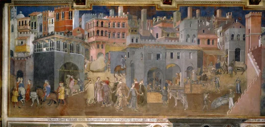 „Efekty dobré a špatné vlády ve městě a na venkově“ . Podrobnosti o městě. Freska od Ambrogia Lorenzettiho (1290-1348)