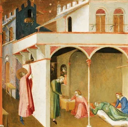 Svatý Mikuláš nabízí třem chudým dívkám jejich věno, detail ze zázraků svatého Mikuláše z Bari od Ambrogia Lorenzettiho (1290-kolem 1348), tempera na dřevě
