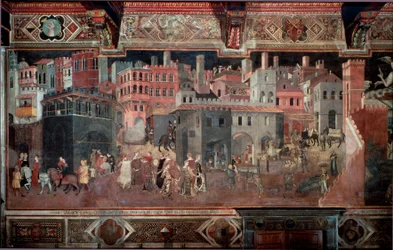 "Vlivy dobré a špatné vlády na město a zemi." Detail města. Freska od Ambrogia Lorenzettiho (1290-1348)