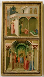 Dvě legendy o svatém Mikuláši z Myry: Světec poskytuje ... (tempera na dřevě)