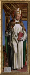 Svatý Hugh z Avalonu (nebo Hugh z Lincolnu) (1140-1200), francouzský eveque. Obraz Ambrogio da Fossano dit il Bergognone (1481-1522) Cathedrale Saint Just, Susa, Turín