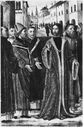 Svatý Ambrož odmítá římského císaře Theodosia I. Velikého vstup do kostela v Miláně (freska) (černobílá fotografie)