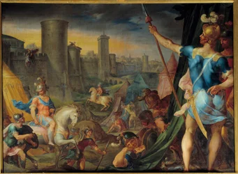 Tábor na křížích před Jeruzalémem Ze série „“ Histoire de Tancrede et de Clorinde““ ilustrující „“ La jerusalem delibree“““ básníka Le Tasse (Il tasso) Obraz Ambroise Duboise (1542-1614) Slunce . 1,62 x 2,15 m Fontainebleau. hrad