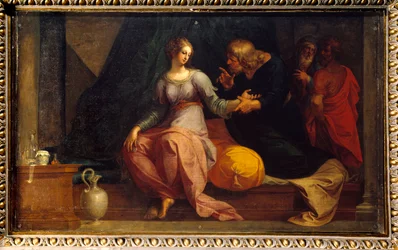 Doktor Acestinus zkoumá Charicleeho ilustraci „Etiopie aneb historie lásky k Theagene a Charicleovi“ od Heliodora (Heliodoros) od Emese (4. století našeho letopočtu). Obraz Ambrose Duboise (1542-1614) 1610 Ne. 1,3x2,35 m Fontainebleau Museum of the Ch