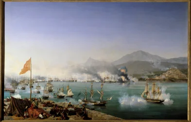 Řecká válka za nezávislost: “” Pohled na Navarinovu námořní bitvu 20. 10. 1827”” Odehrála se v Navarinském zálivu (Pylos, západní Peloponés) mezi osmanskou flotilou a francouzsko-anglo-ruskou flotilou. Obraz Ambroise Louis Garneray (1783-1857) 1831 Sun. 1,