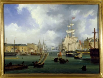 Přístav Le Havre, Grand Bassin, Louis Garneray, sd. kolem 1820, Olej na plátně, V. 0,330; L. 0,460. CCIP Sb.
