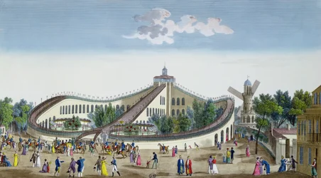 Promenades Aeriennes, Jardin Baujon, poctěn přítomností Jejího Veličenstva, 2. srpna 1817, kolem roku 1817 (barevná rytina)