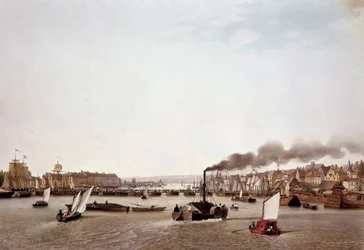 Pohled na říční dopravu na Seině do Rouenu. Akvarel od Ambroise Louis Garneray (1783-1857) Paříž 19. století, B.N.