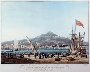 Pohled na přístav Marseille pod restaurátorským akvarelem od Ambroise Louis Garneray (1783-1857) Marseille 19. století, Musee de la Marine