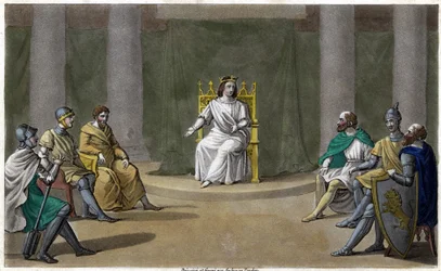 Caribert nebo Chérebert, král Paříže (561 - 567), zastávající radu, kde vydával spravedlnost. Navrhl a vyryl Ambroise Tardieu v roce 1825.