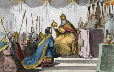 Karel Veliký (742-814), korunovaný papežem Lvem III. (asi 750-816) v bazilice svatého Petra v Římě 25. prosince 800 - Pomazání (korunovace) Karla Velikého (742-814) v roce 800 papežem Lvem III. - Rytina z roku 1825 v „Dějinách Francie znázorněných