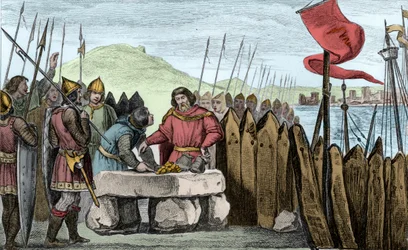 Karel III Tlustý (839-88) vyplácí vikingské nájezdníky v roce 886 - Charles III 3 le Gros (839-888) císař Západu (881-887) a regent Francie (884-887) tábořili pod hradbami Paříže aniž by se odvážili bojovat s Normany, raději si koupili jejich důchod