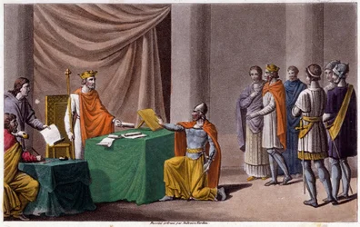 Karel II. Plešatý (823 - 877) podepsal Verdunskou smlouvu (843) s Ludvíkem II. Germánským (804 - 876). Navrhl a vyryl Ambroise Tardieu v roce 1825.