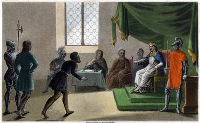 Childebert II. spravedlivý vykonávající spravedlnost svým poddaným (711). Navrhl a vyryl Ambroise Tardieu v roce 1825.