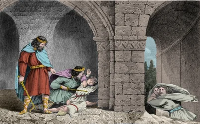 Childebert I. (kolem 498-558) při vraždě dědiců svých bratrů - Childebert I. nechal Chlotara (Clothaira) pobít děti jejich bratra Chlodomera, krále Orléansu, o jehož státy se dělili - rytina z roku 1825 v „Histoire de France represented by synopti“