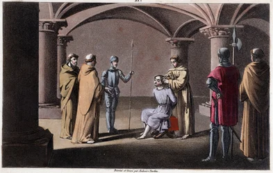 Childeric III detrone a uzavře od Pepina le Briefa v klášteře v Saint Omer mezi 742 a 749. Kresby a hrob Ambroise Tardieu v roce 1825.